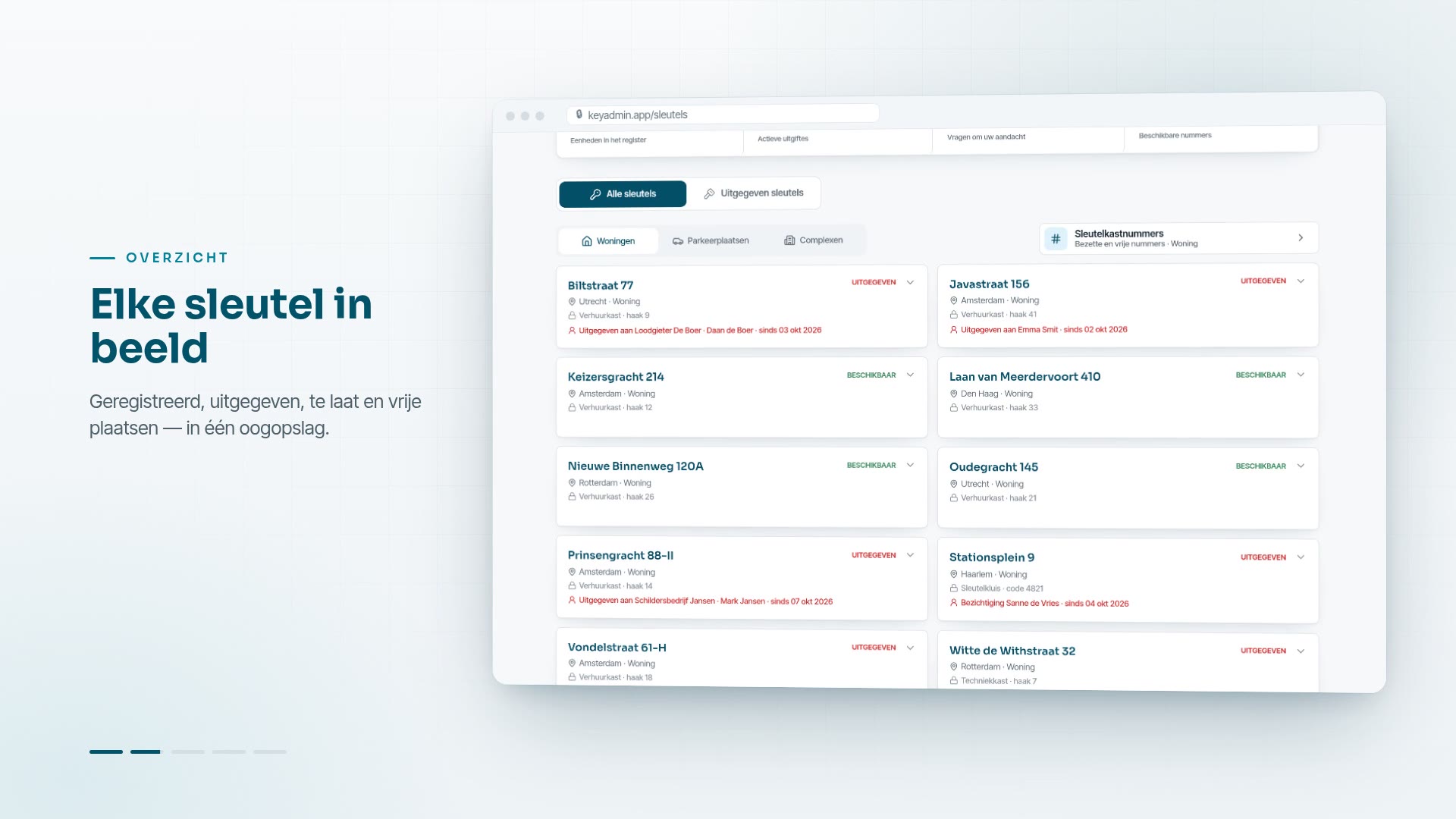 KeyAdmin sleutelregister met fictieve objecten en sleutelkastnummers